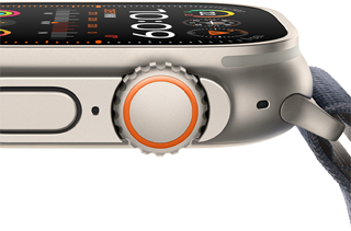 Apple Watch Ultra 2 mit robustem Titangehäuse, flachem Display, Digital Crown und Seitentaste