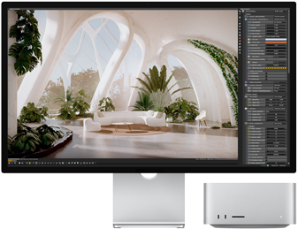 Vorderansicht eines Studio Display neben dem Mac Studio